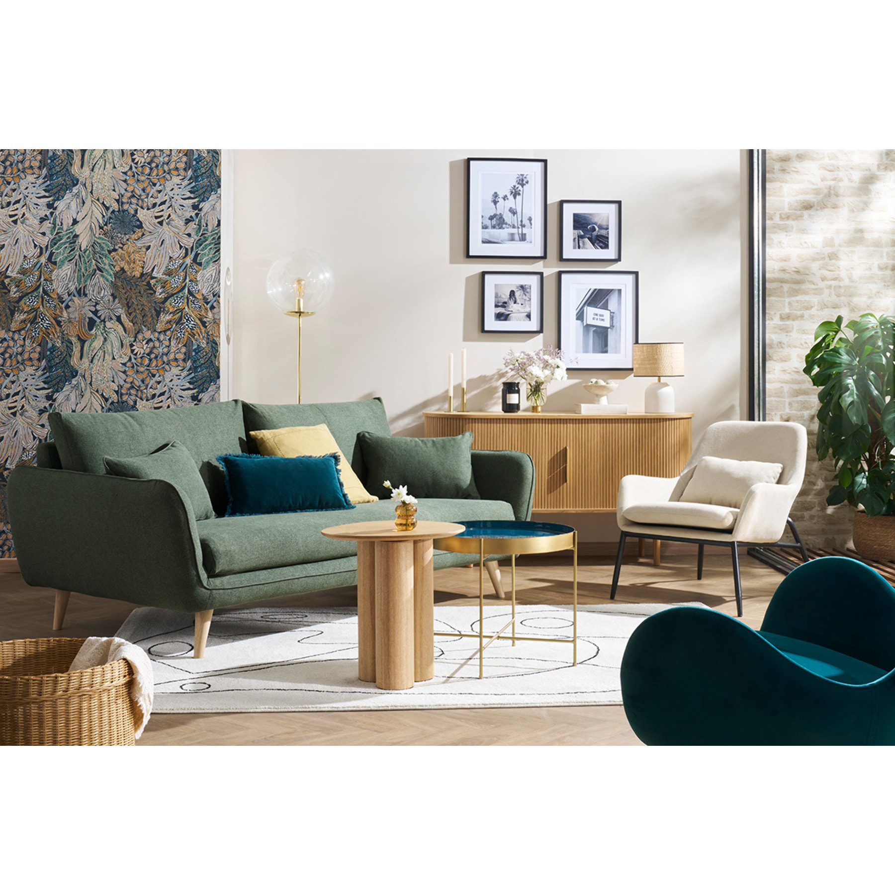 Canapé scandinave 3 places en tissu vert kaki et bois clair CREEP