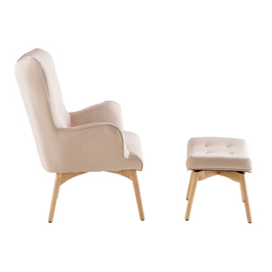 Fauteuil avec repose-pieds scandinave en tissu rose poudré et bois clair BRISTOL