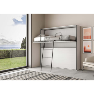 Armoire Lit escamotable horizontal superposé 2 couchages 85 KANDO Frêne Blanc avec matelas