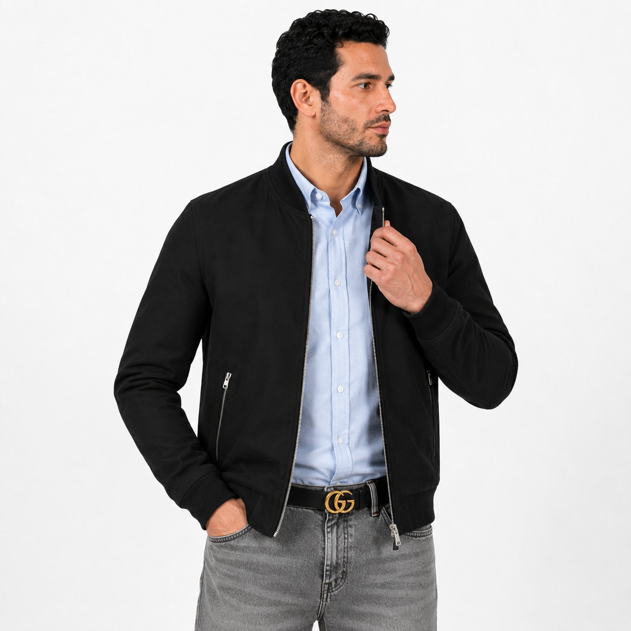 Giubbino in vera pelle di vitello scamosciata Nero-Slim Fit