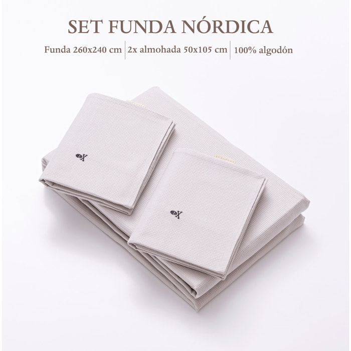 Set cama waffle funda nordica + 2 fundas almohada, 100% algodón, 144gsm, gris cierre de botones haze scalpers home