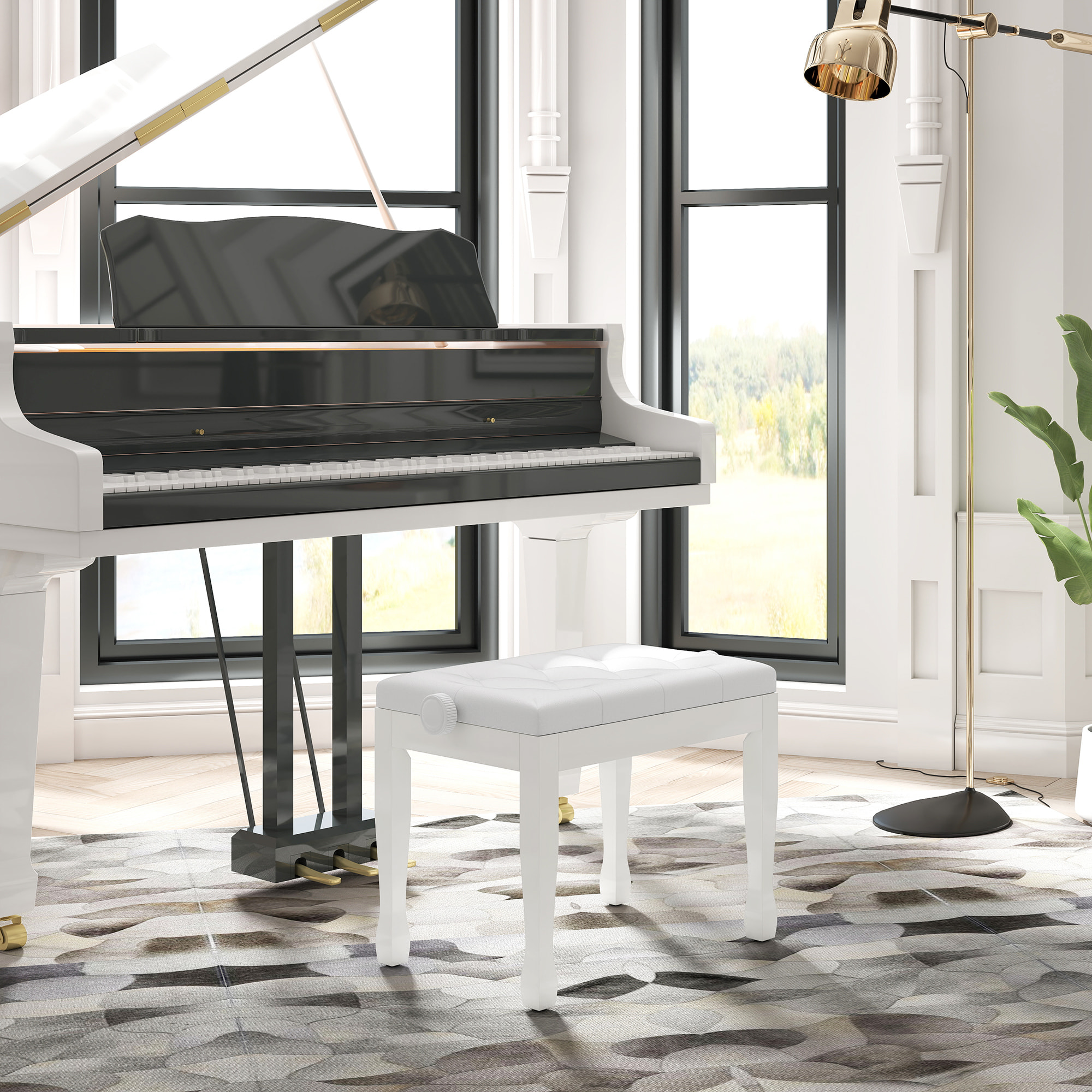 Banco de Piano, Altura Ajustable, Banqueta de Piano con Asiento de Cuero Sintético, Patas de Madera, Carga Máxima 200 kg, 64x35x55 cm, Blanco