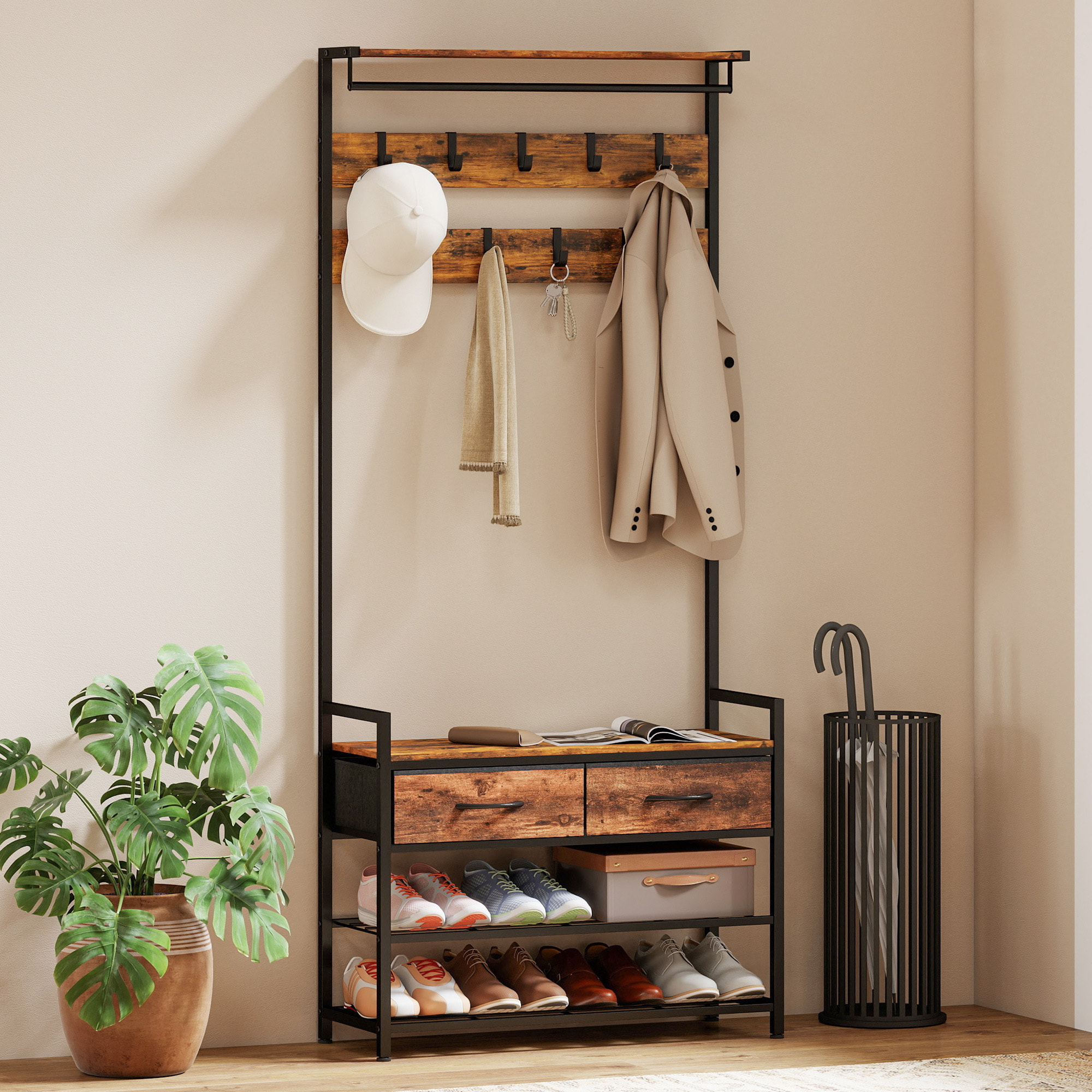 Vestiaire d'entrée style industriel bois métal 2 étagères 2 tiroirs 10 patères barre penderie banc