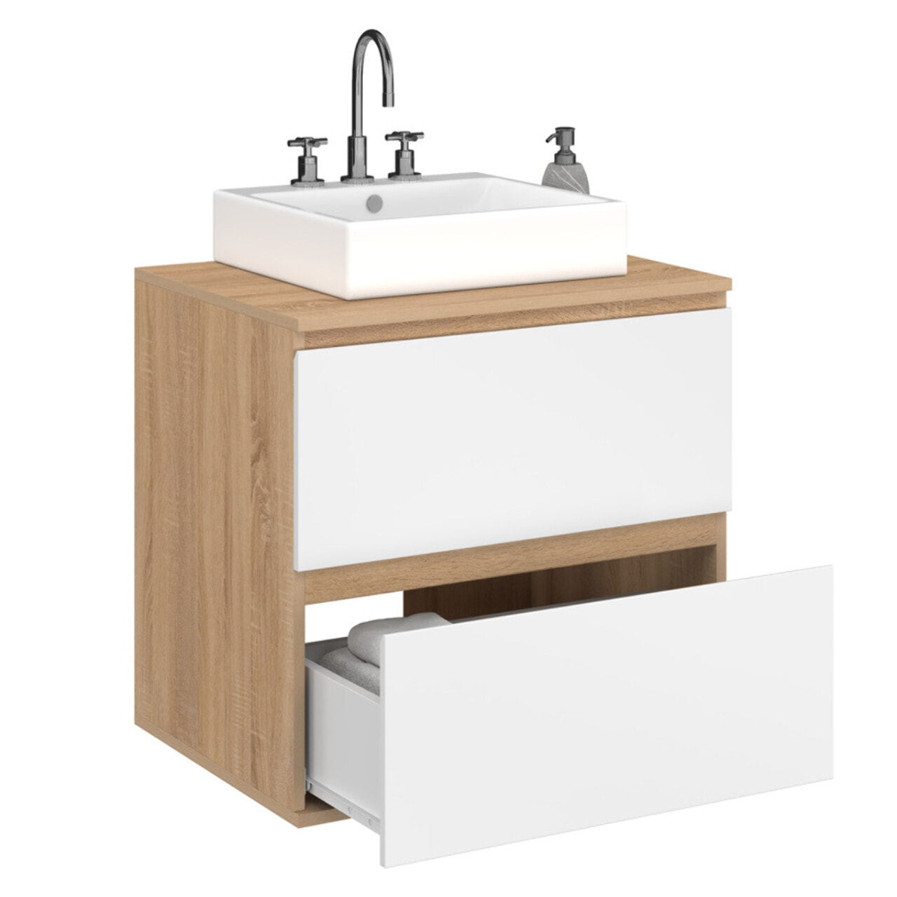 Meuble sous vasque suspendu Tom 2 tiroirs blanc et effet hêtre L60cm