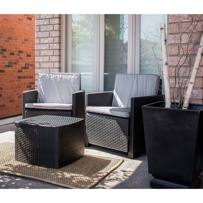 Trinacria - Salottino da giardino in polyrattan con 2 poltrone + tavolino contenitore antracite 2 cuscini color crema