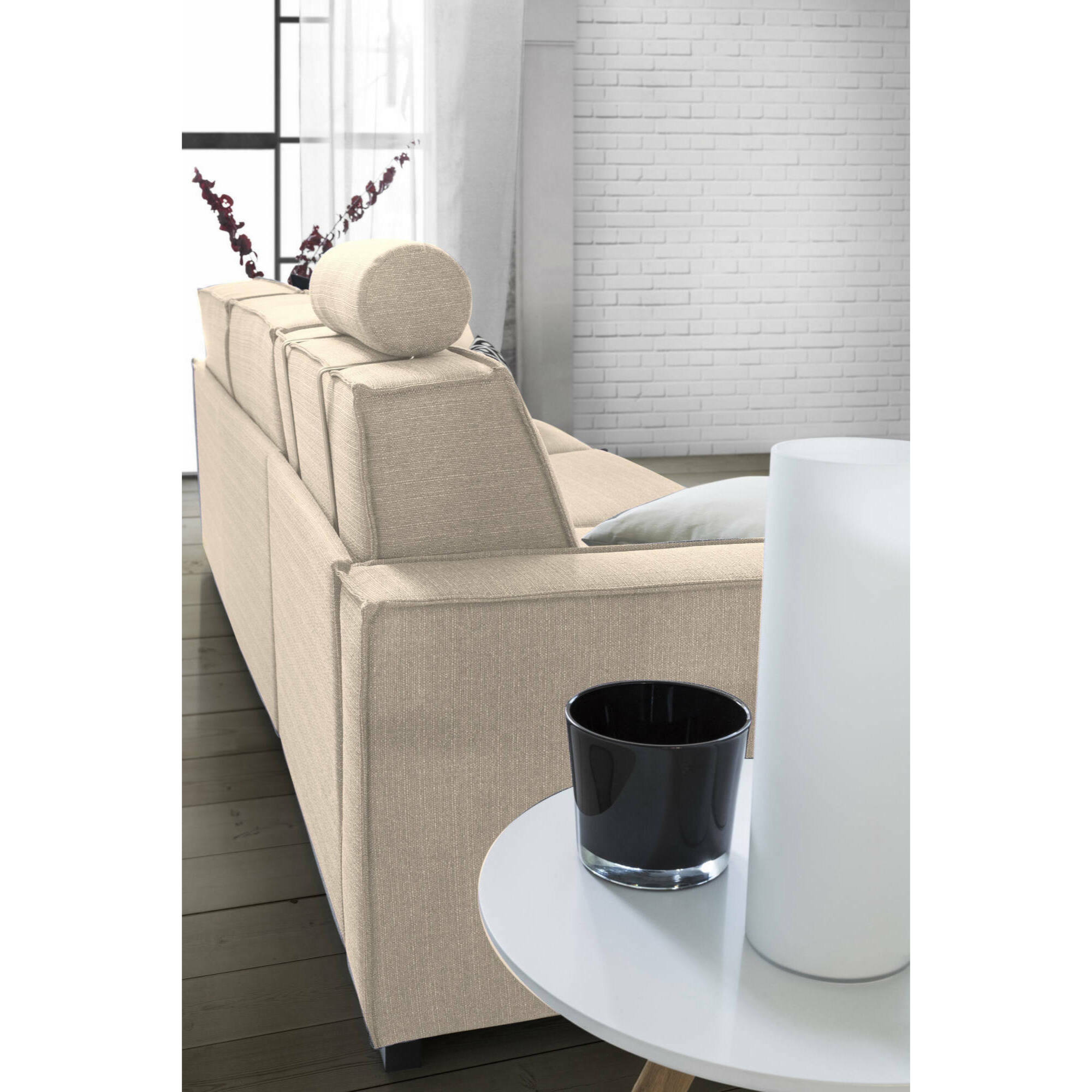 Divano letto con penisola Albenga, Sofà apertura girevole, Penisola contenitore Sinistra, Braccioli slim, 100% Made in Italy, Cm 260x95h90, Beige