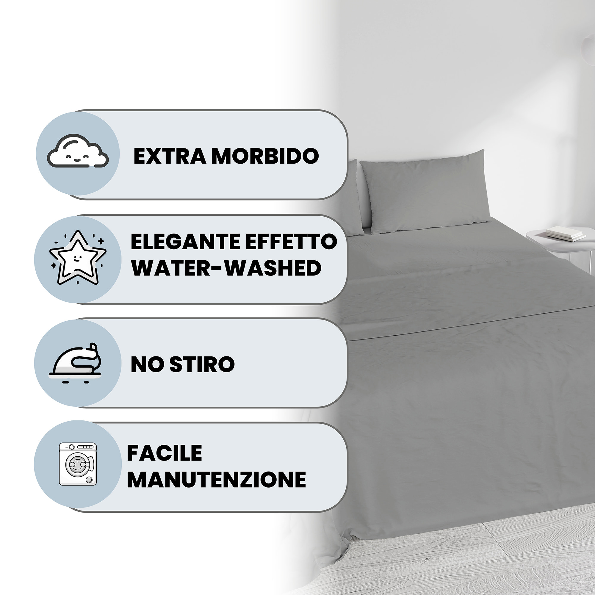 COMPLETO LETTO WATER WASHED, 100% Microfibra, No Stiro - GRIGIO CHIARO