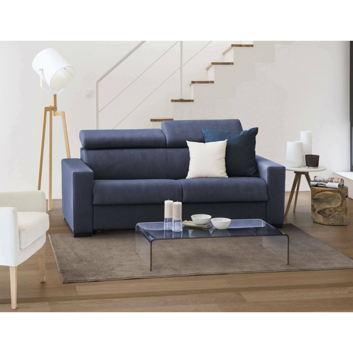 Divano letto 3 posti Algo, Sofà Soggiorno con apertura girevole, Poggiatesta regolabili e Braccioli slim, 100% Made in Italy, Cm 200x95h85, Blu