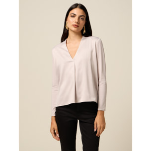 Oltre - T-shirt bimaterica con scollo a V - Beige