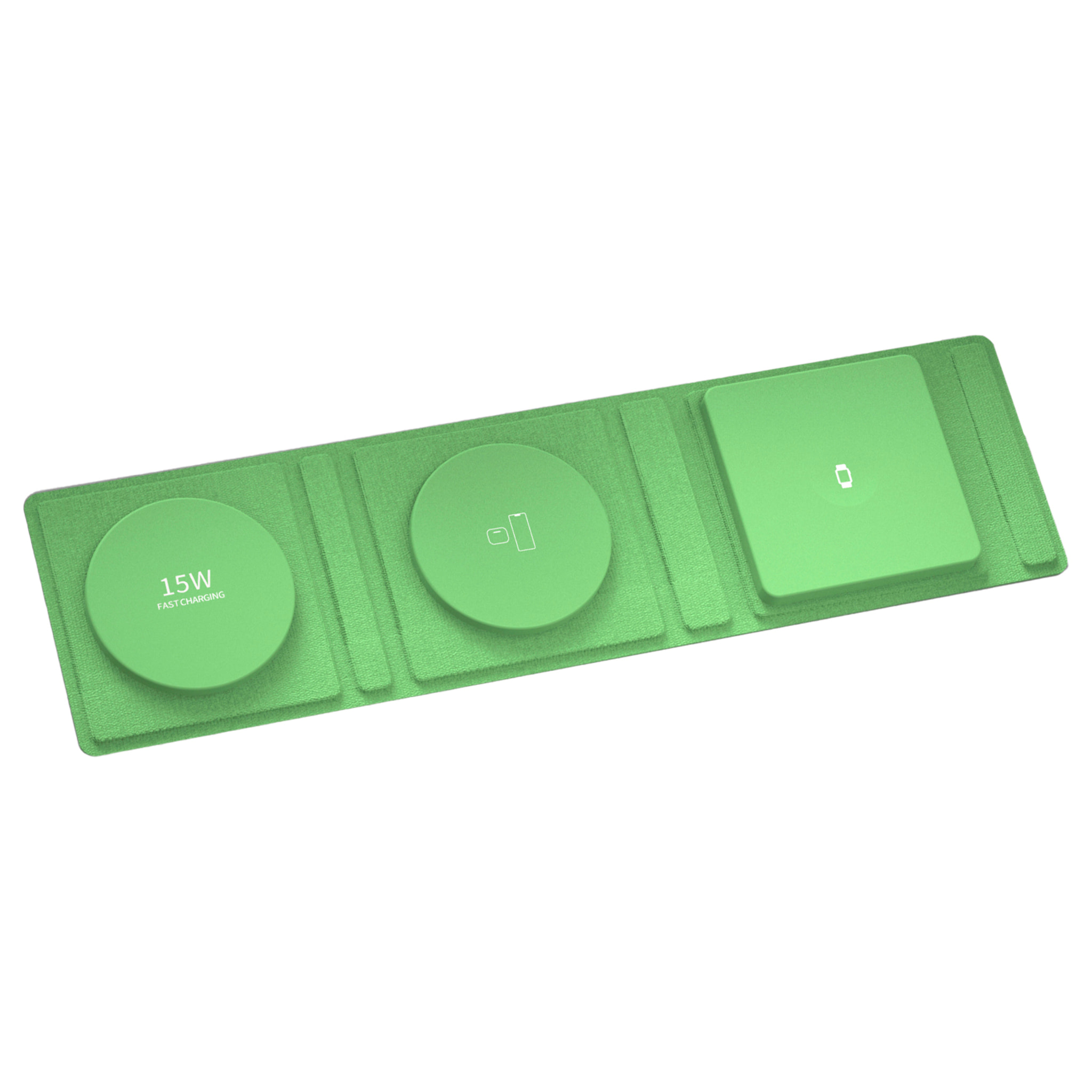 DAM Base de carga plegable portátil, de cuero. Magsafe 15W + Qi 5W + SmartWatch 3W. 31,8x8,3x0,9 Cm. Color: Verde