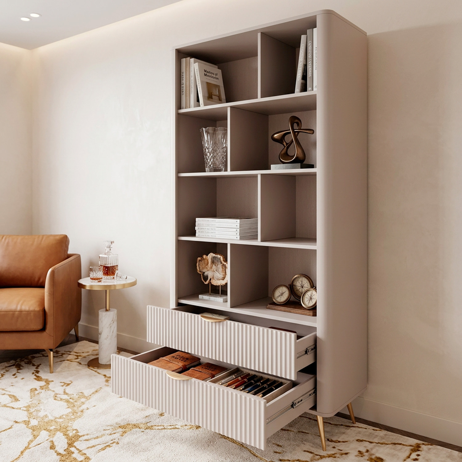 Libreria Moderna 8 Nicchie A Giorno E 2 Cassetti Design Asimmetrico Libreria Salvaspazio Ideale Per Soggiorno Ufficio 88.2 x 193.8 x 38 Cm Cashmere