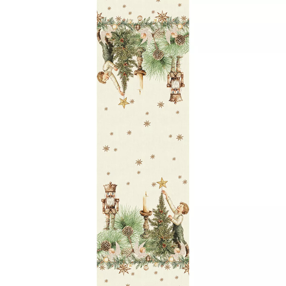 Chemin de table lin & coton lavé 150 g/m² imprimé beige vert Noel vintage dore