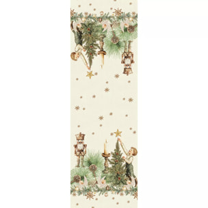 Chemin de table lin & coton lavé 150 g/m² imprimé beige vert Noel vintage dore