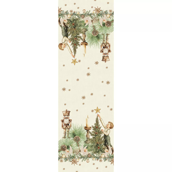 Chemin de table lin & coton lavé 150 g/m² imprimé beige vert Noel vintage dore