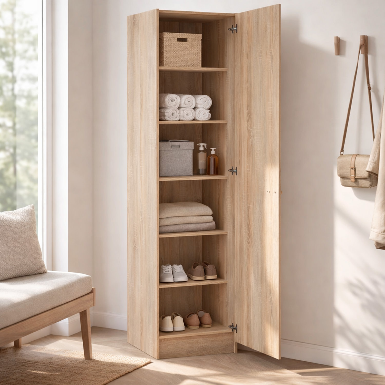 Colonna Armadio Bagno 1 Anta Salvaspazio 4 Ripiani Regolabili Mobile Alto Ingresso Corridoio Ripostiglio Moderno Semplice Con Maniglia In Metallo Argentata 200 x 47.1 x 49.2 Cm Rovere
