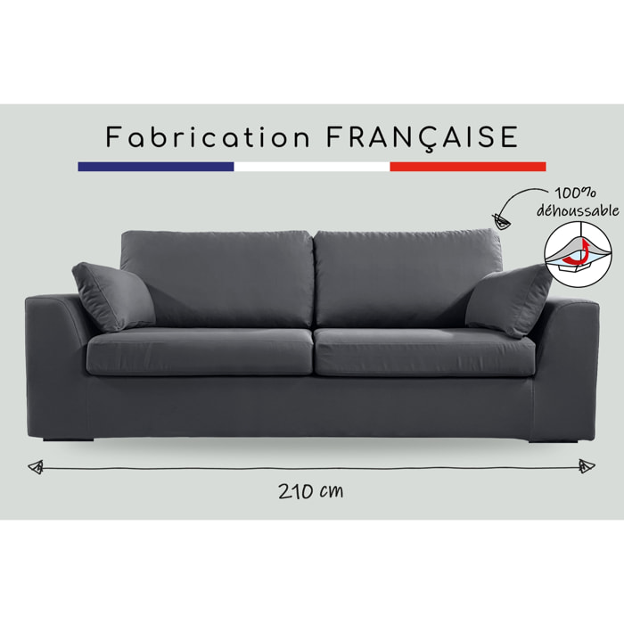 Canapé 4 pl TRESSIN 210 cm fixe tissu coton Anthracite - 100% déhoussable - Fab. France