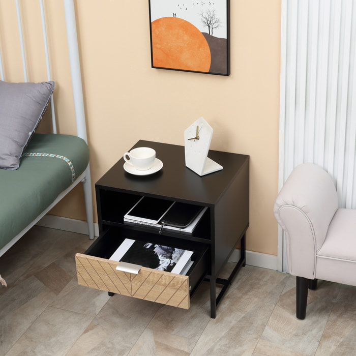 Table de chevet table de nuit style industriel tiroir niche piètement métal panneaux particules aspect bois de chêne sculpté à chevrons noir