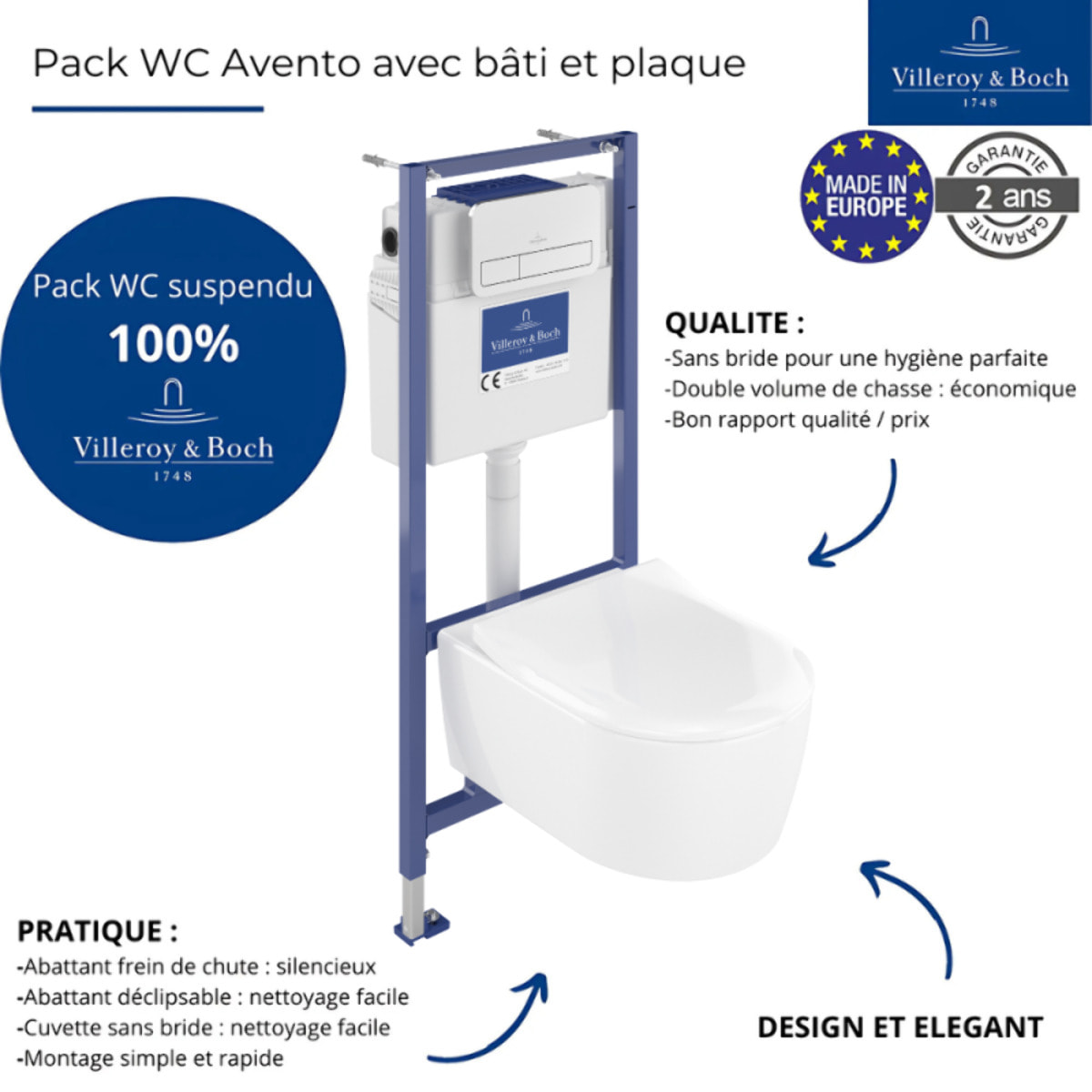 Pack WC suspendu sans bride Avento + Bâti support ViConnect Pro + abattant frein de chute + plaque chromée  + Tabouret bois
