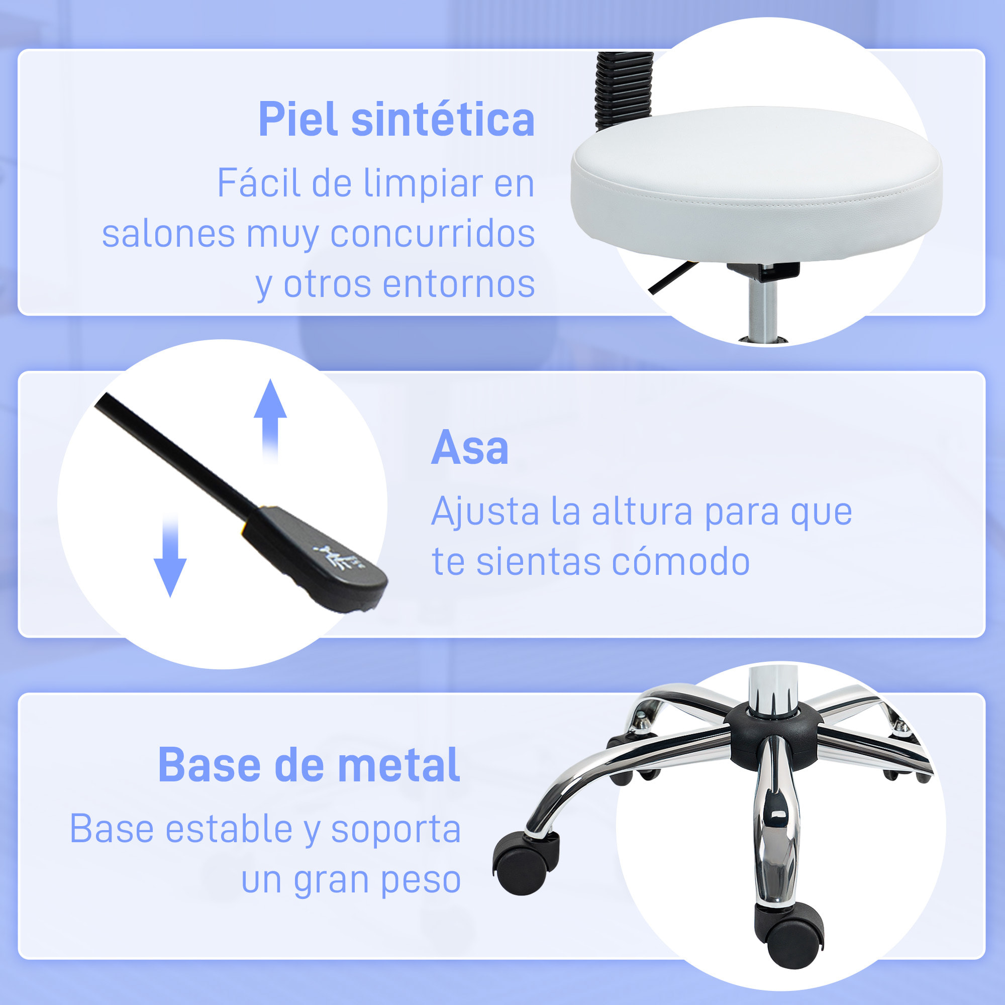 Taburete con Ruedas Giratorio, Taburete de Trabajo con Respaldo Desmontable, Altura Regulable, Tapizado en Cuero Sintético, para Oficina, Dormitorio, Blanco