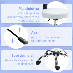 Taburete con Ruedas Giratorio, Taburete de Trabajo con Respaldo Desmontable, Altura Regulable, Tapizado en Cuero Sintético, para Oficina, Dormitorio, Blanco
