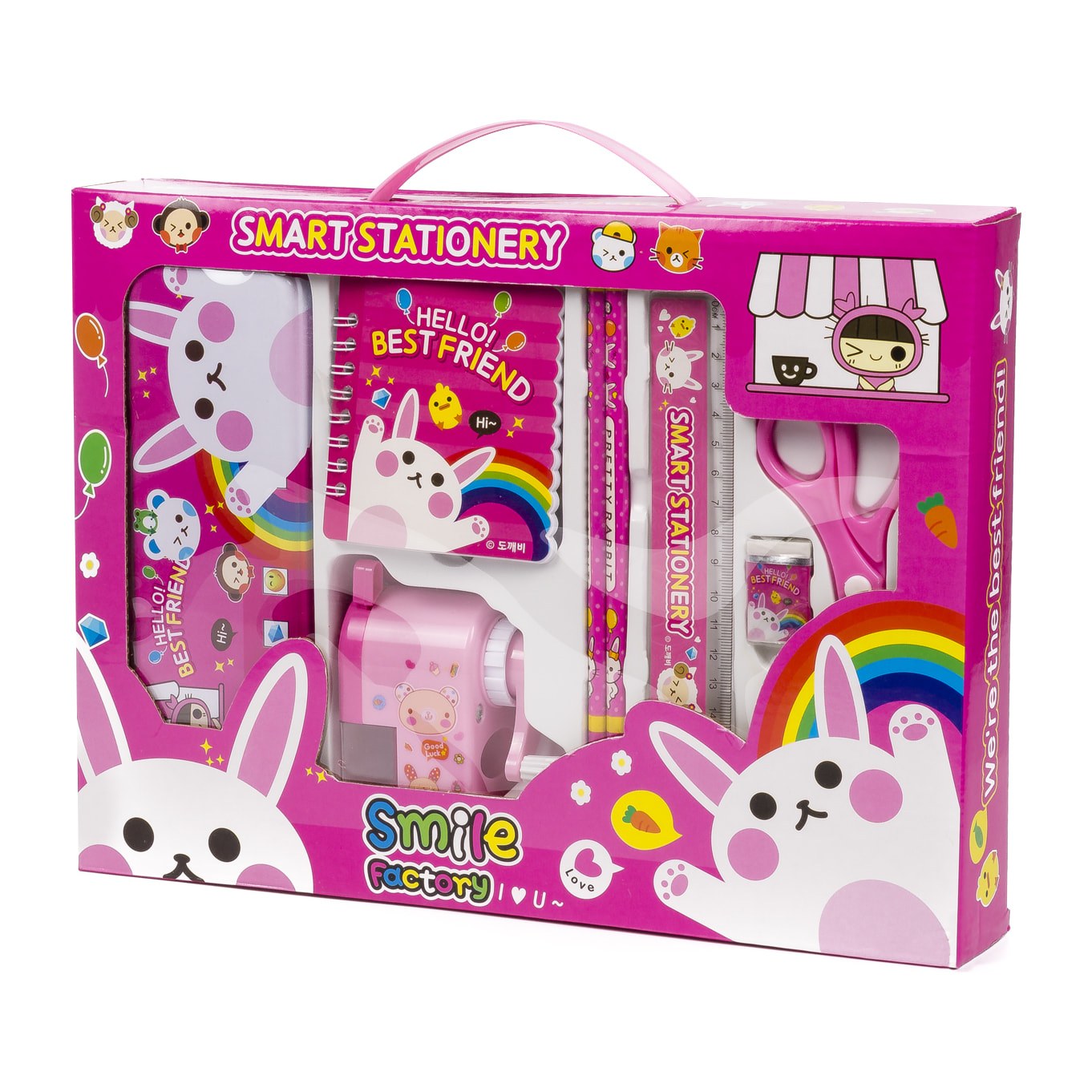 Set di cancelleria con custodia in metallo e accessori per la scrittura.