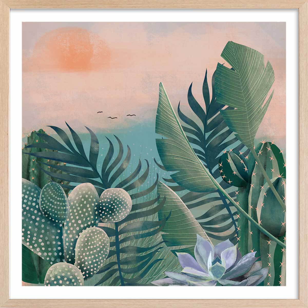 Affiche illustration jardin succulentes et cie Affiche + cadre en bois - Chêne