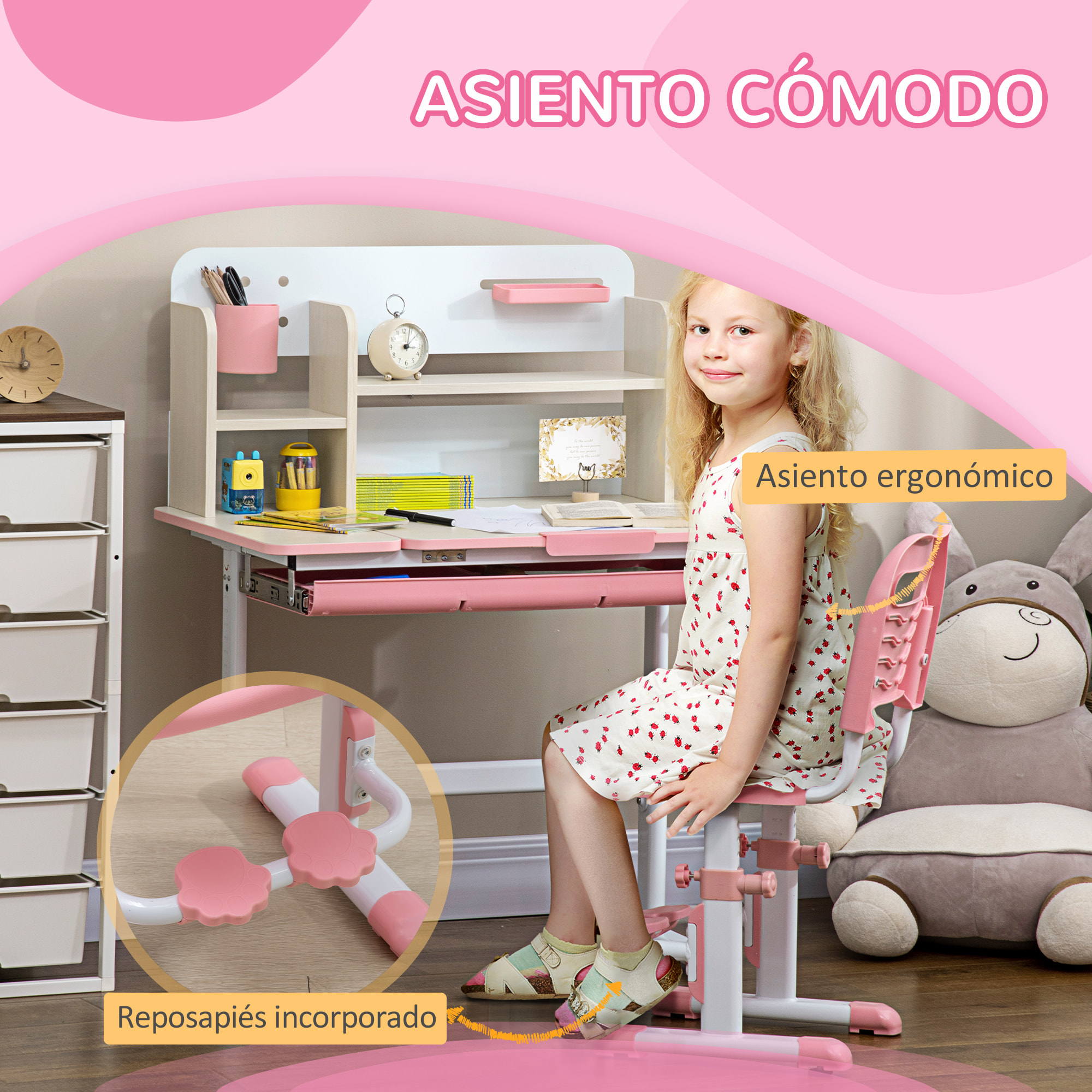 Juego de Escritorio y Silla para Niños de +3 Años con Altura Ajustable Pupitre Infantil con Tablero de Mesa Inclinable Cajón y Estantería para libros 80x52x88-109 cm y 35,5x44,5x66-80 cm Rosa