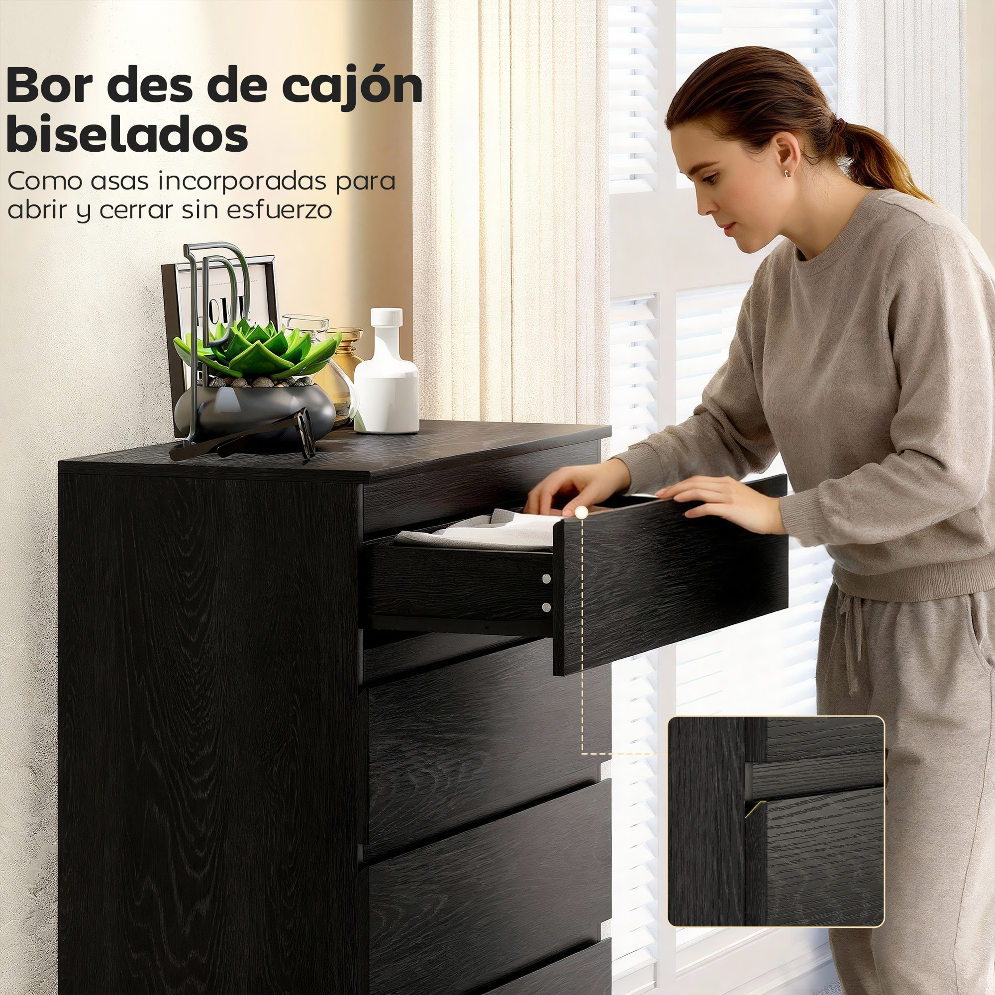 Cómoda 5 Cajones, Cómoda Dormitorio, Cajonera para Salón, Oficina, Estilo Moderno, 77x40x111,5 cm, Negro Veteado