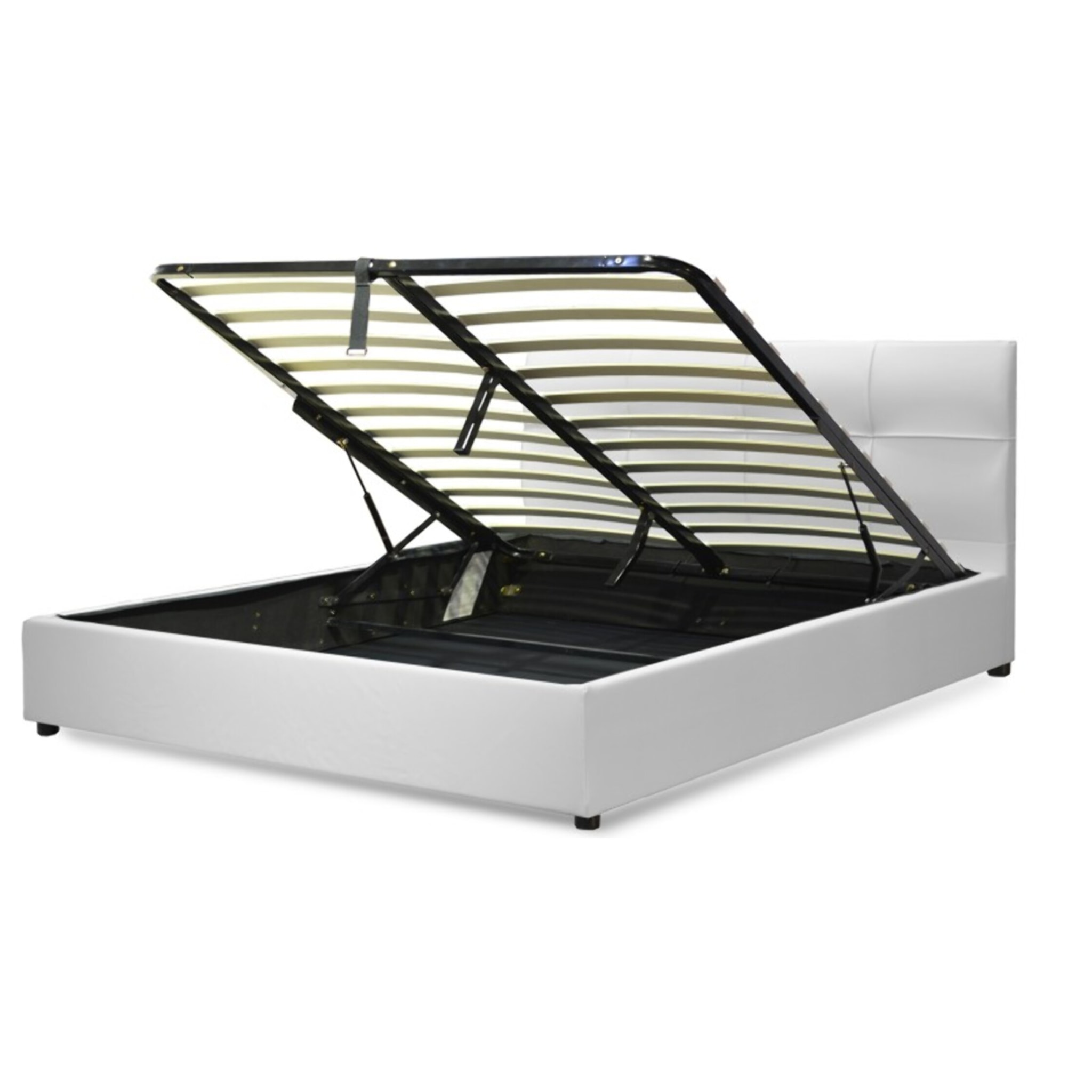 Lit coffre Macao avec tête de lit | Espace de Stockage jusqu'à 900 L | Robuste et Large Angle d’Ouverture | Simili Cuir | Blanc