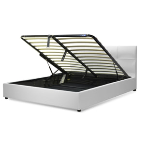 Lit coffre Macao avec tête de lit | Espace de Stockage jusqu'à 900 L | Robuste et Large Angle d’Ouverture | Simili Cuir | Blanc