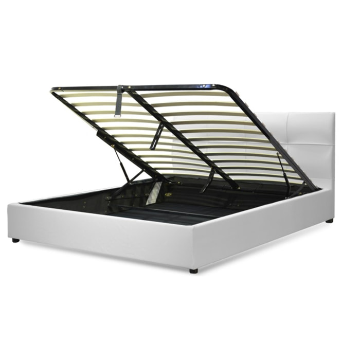 Lit coffre Macao avec tête de lit | Espace de Stockage jusqu'à 900 L | Robuste et Large Angle d’Ouverture | Simili Cuir | Blanc