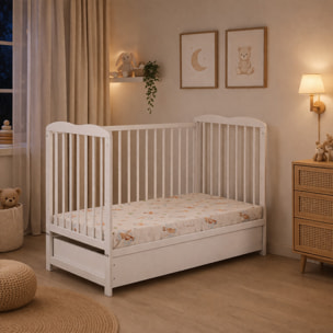 Culla Con Cassetto Contenitore Sponde Removibili E Materasso Incluso Altezza Regolabile Rete A Doghe Design Moderno 89 x 124 x 65 Cm Bianco Opaco