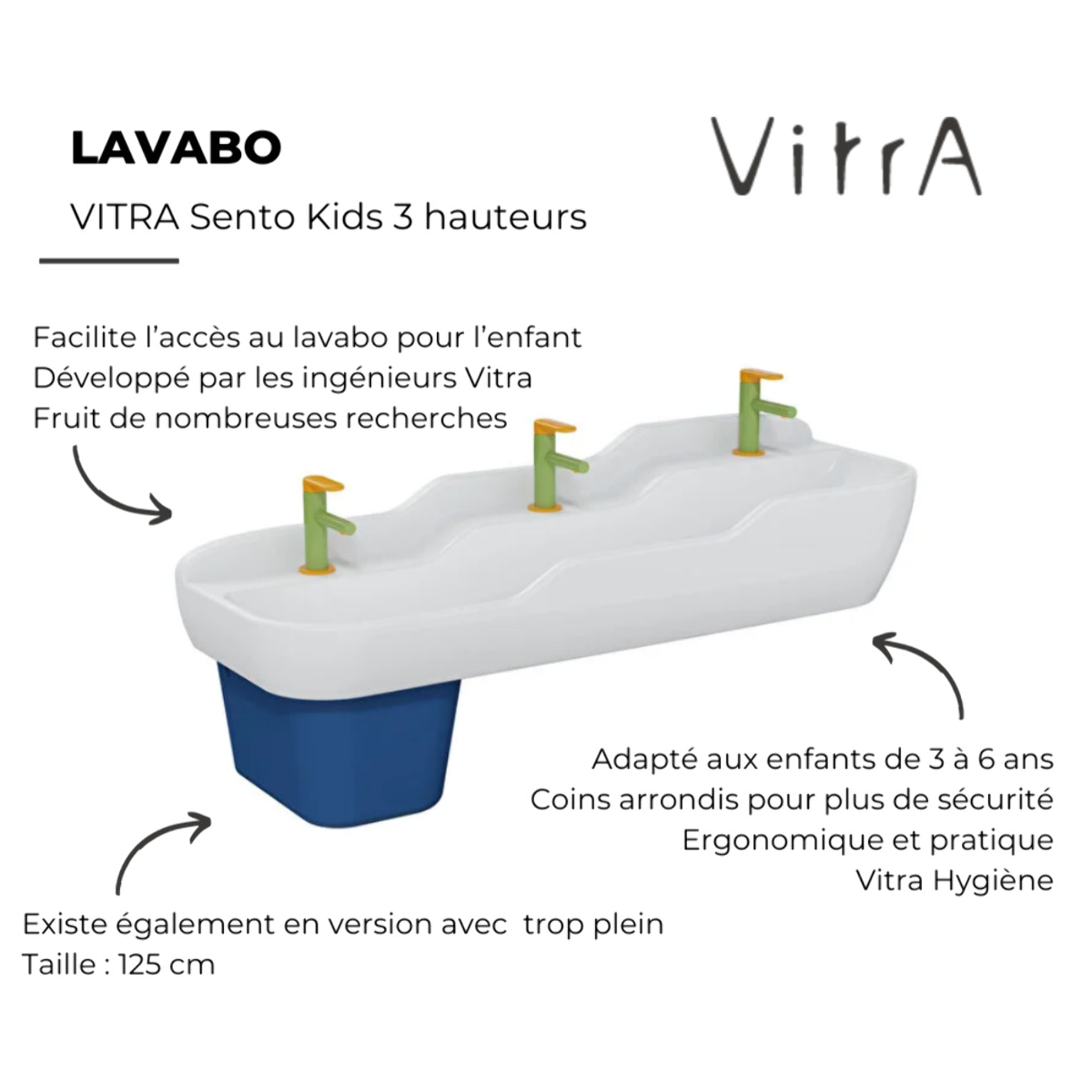 Lavabo pour enfant VITRA Sento Kids 3 hauteurs sans trop-plein + cache-siphon Sento kids