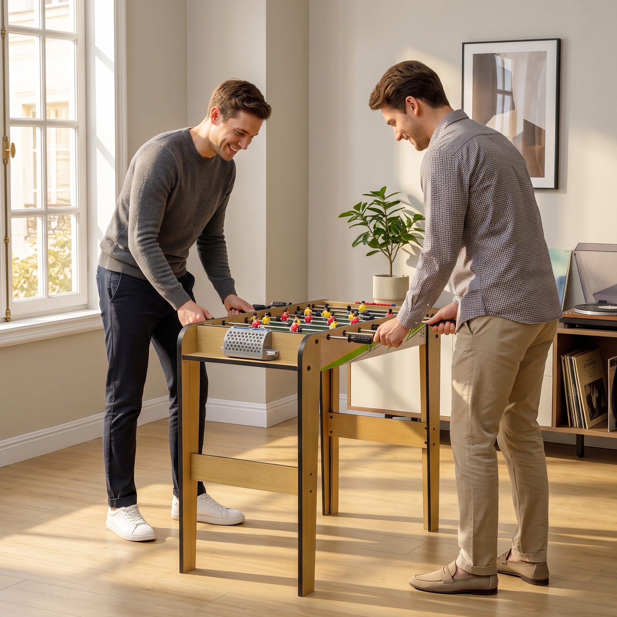 Futbolín para Niños de Madera, Mesa de Futbolín con 2 Marcadores, 6 Asas, 18 Jugadores, 6 Barras y 2 Bolas, Regalo para Adultos, Familias, Fiestas, 75x66x75 cm, Natural