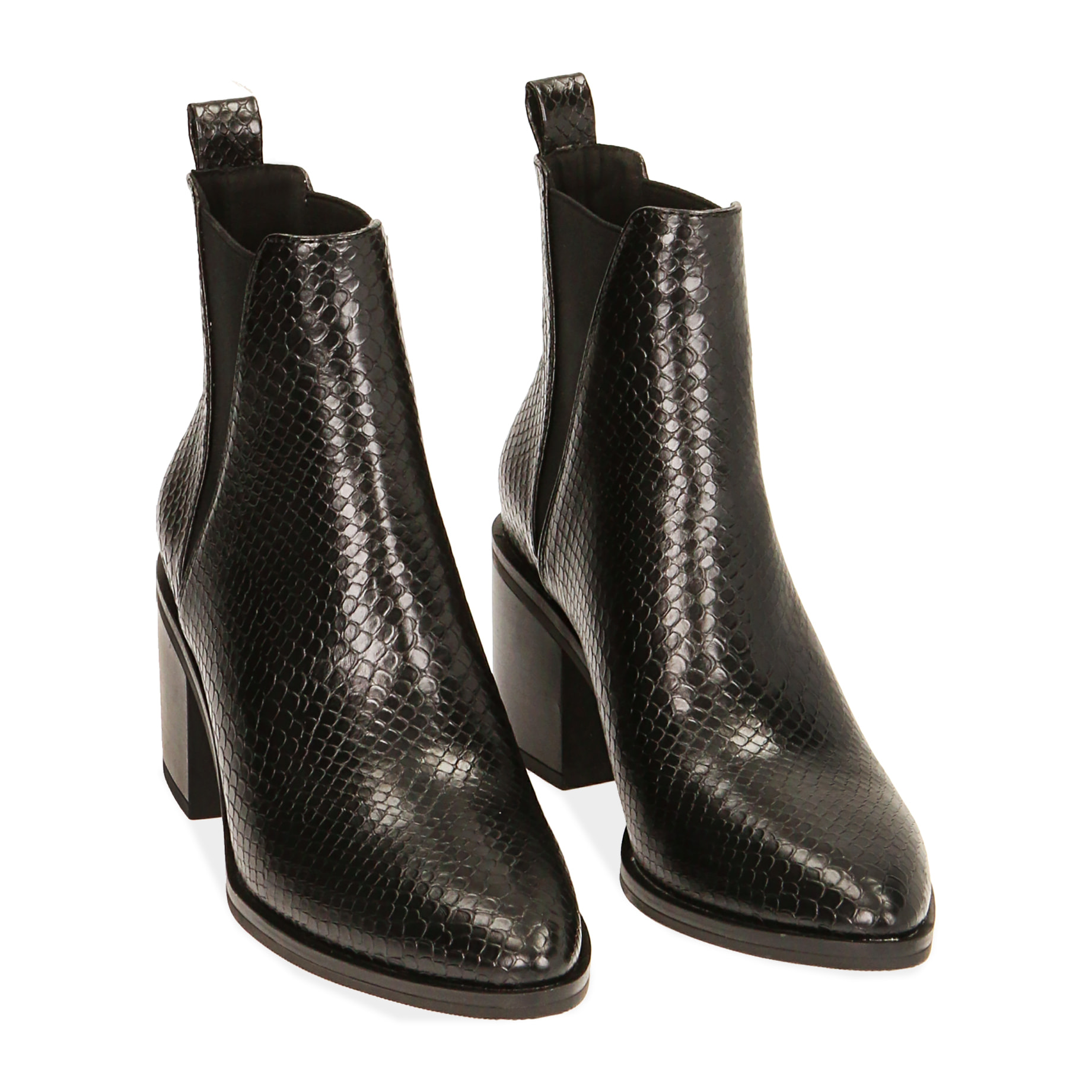 Botines de tacón negras con estampado de serpiente, tacón 7,5 cm
