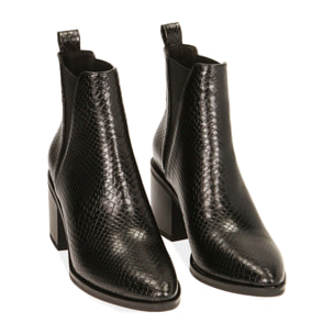 Botines de tacón negras con estampado de serpiente, tacón 7,5 cm