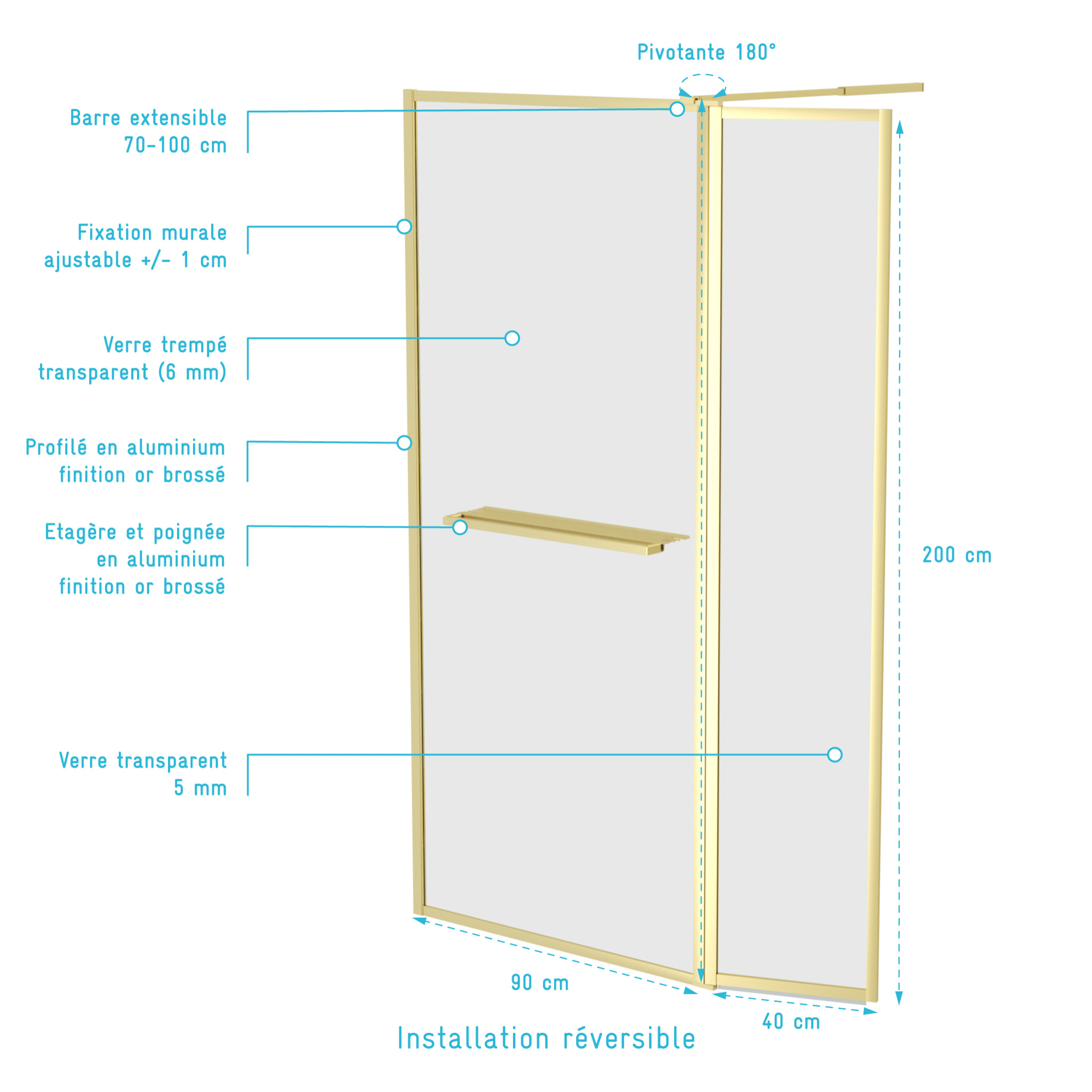 Paroi de Douche avec Volet Pivotant 90+40x200 cm - Porte-serviette + Etagère Finition Or Doré Brossé