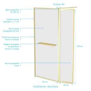 Paroi de Douche avec Volet Pivotant 90+40x200 cm - Porte-serviette + Etagère Finition Or Doré Brossé
