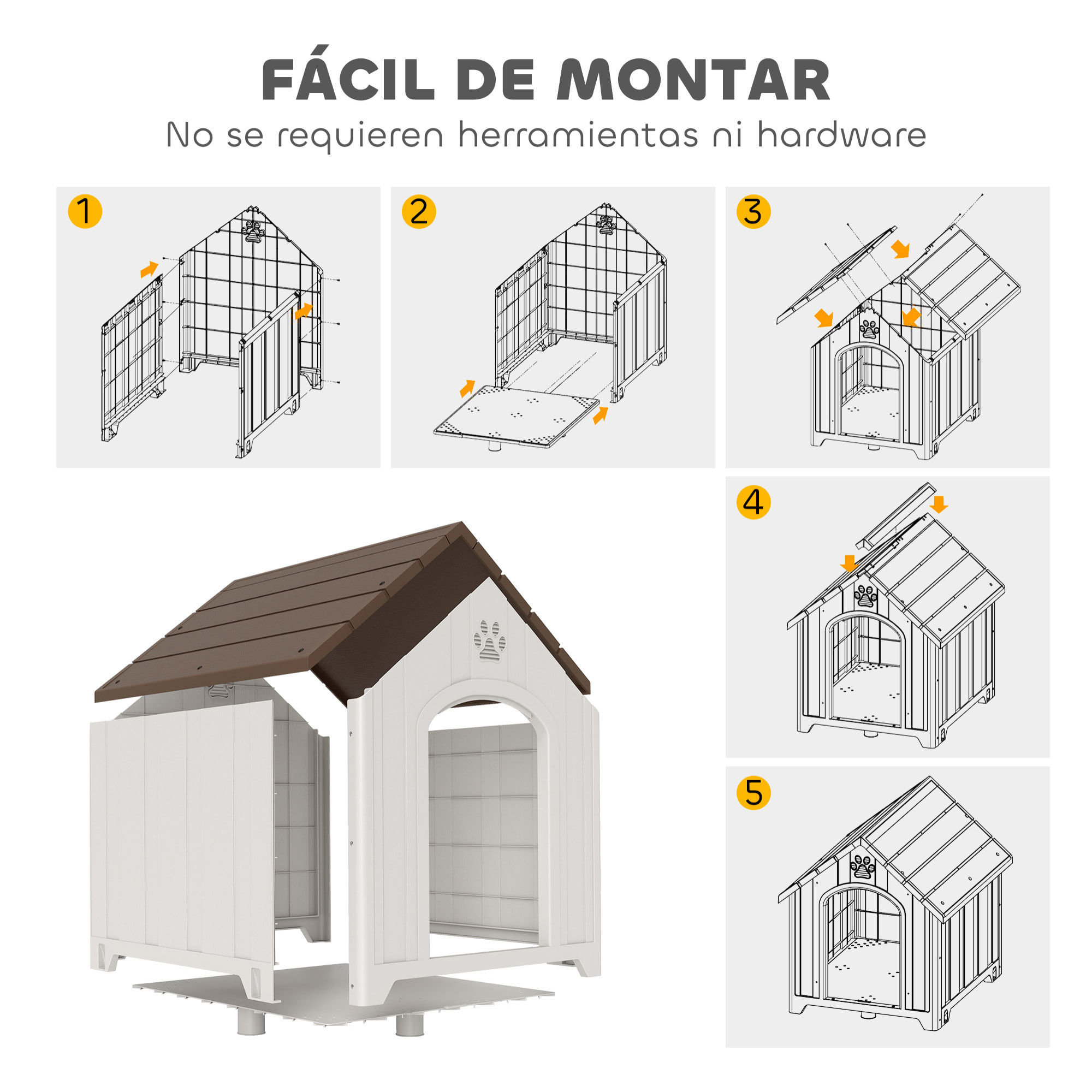 Caseta para Perros Exterior, Casa para Perros Extragrandes de Plástico Impermeable con 2 Ventanas, Base Elevada, Estacas, Fácil de Montar, 102x94x103 cm, Marrón Oscuro