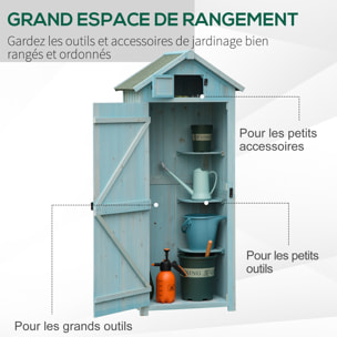 Armoire abri de jardin remise pour outils 3 étagères 2 portes loquets toit pente bitumé 77L x 54l x 179H cm sapin traité bleu