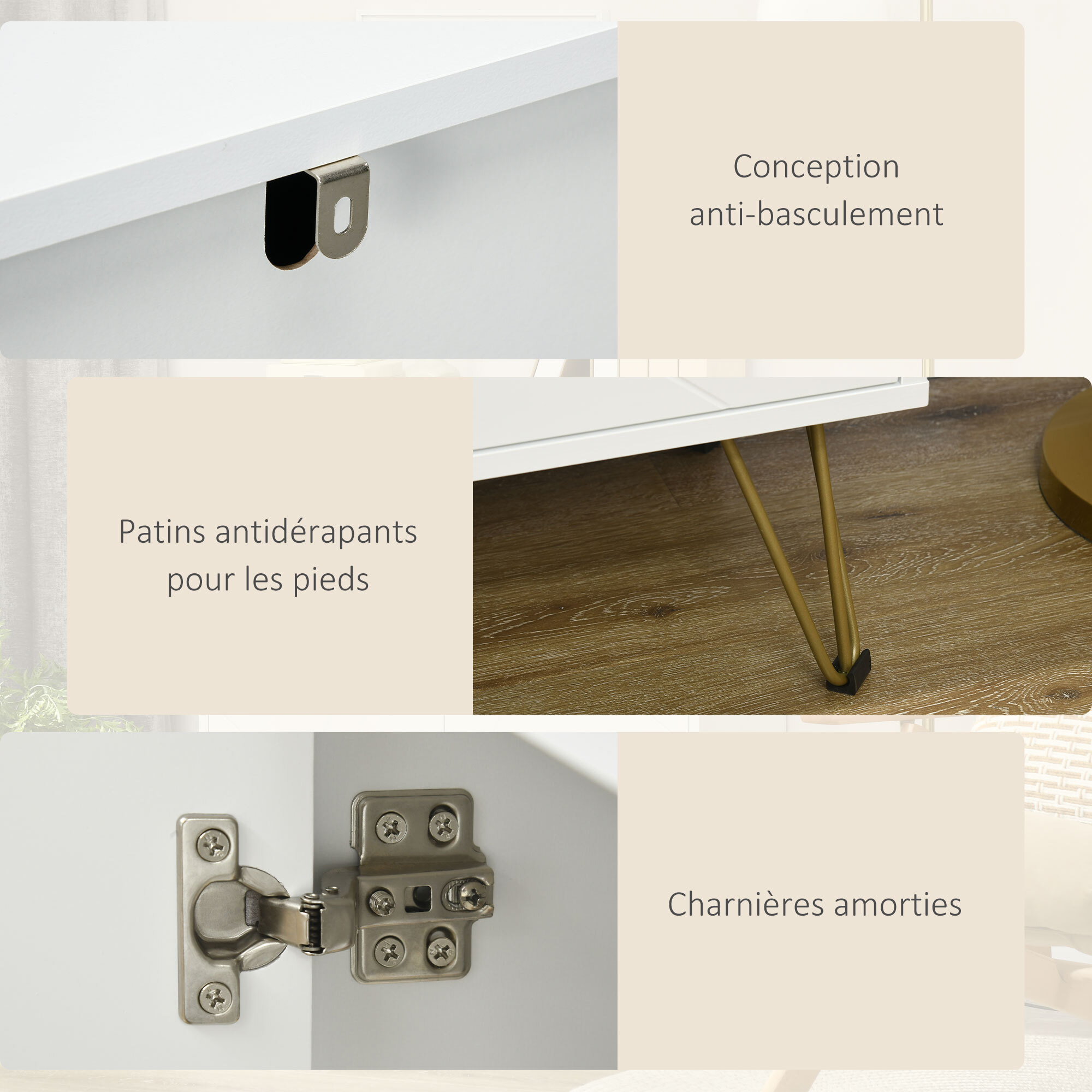 Buffet 2 portes 2 étagères style Art déco motif graphique piètement épingle poignées métal doré MDF blanc