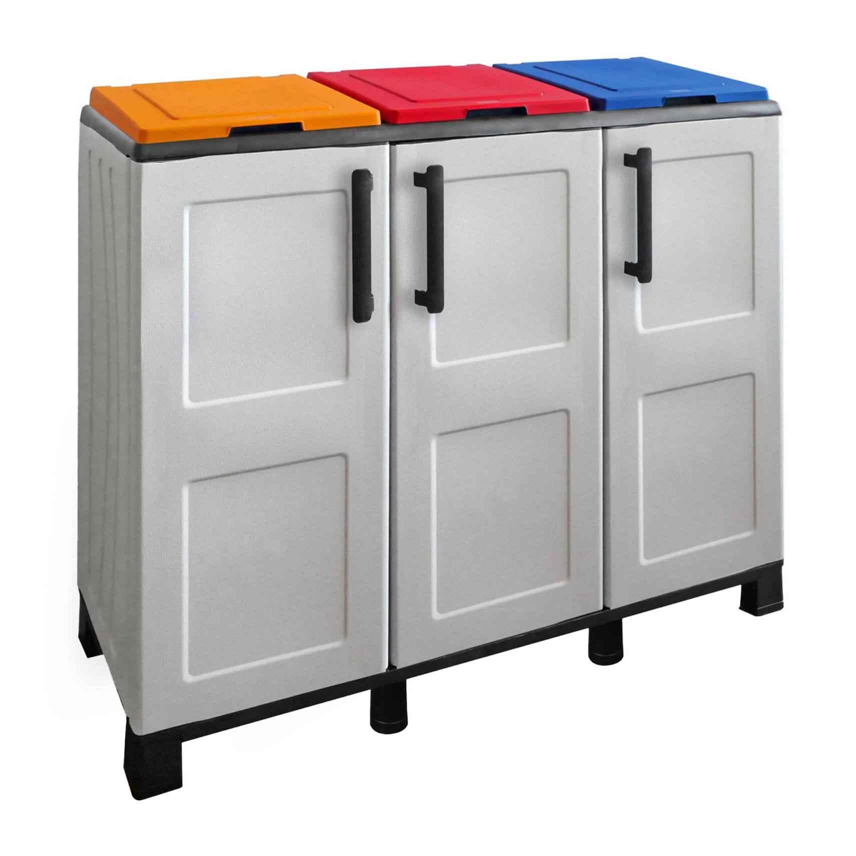 Armadio portarifiuti da esterno o interno, Mobile porta 3 sacchi a 3 ante, 100% Made in Italy, cm 102x37h90, colore Grigio chiaro e coperchi colorati