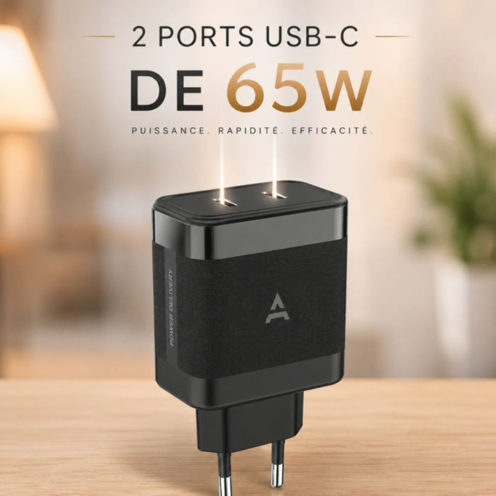 Chargeur ordinateur portable ADEQWAT 65W charge rapide 2 USB-C - Noir