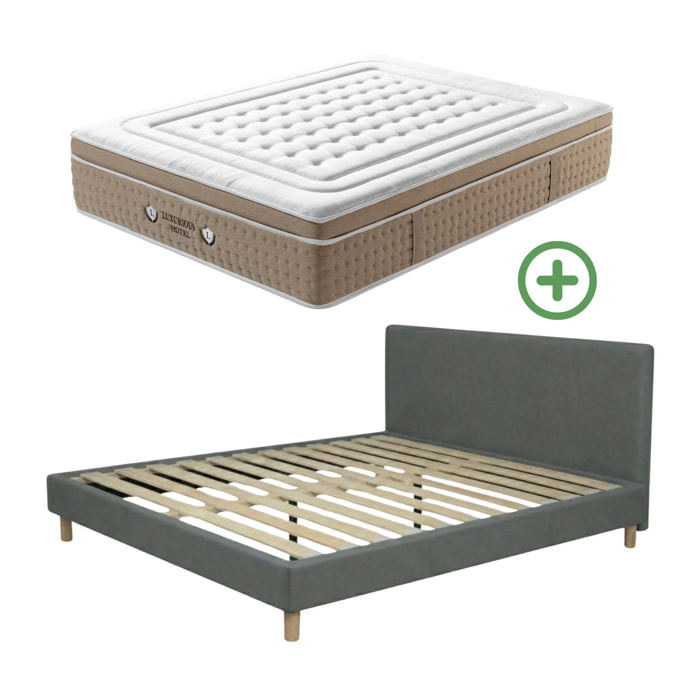 Ensemble matelas Bali & lit fixe Colisée | Mémoire de forme et ressorts ensachés | cadre à lattes | Simili cuir | Gris