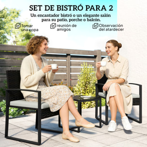 Conjunto de Jardín Exterior de 3 Piezas, Muebles Jardín Exterior de Ratán con 2 Sillas con Cojines Lavables y Mesa de Vidrio Templado, Resistente a Intemperie, para Balcón, Patio, Crema