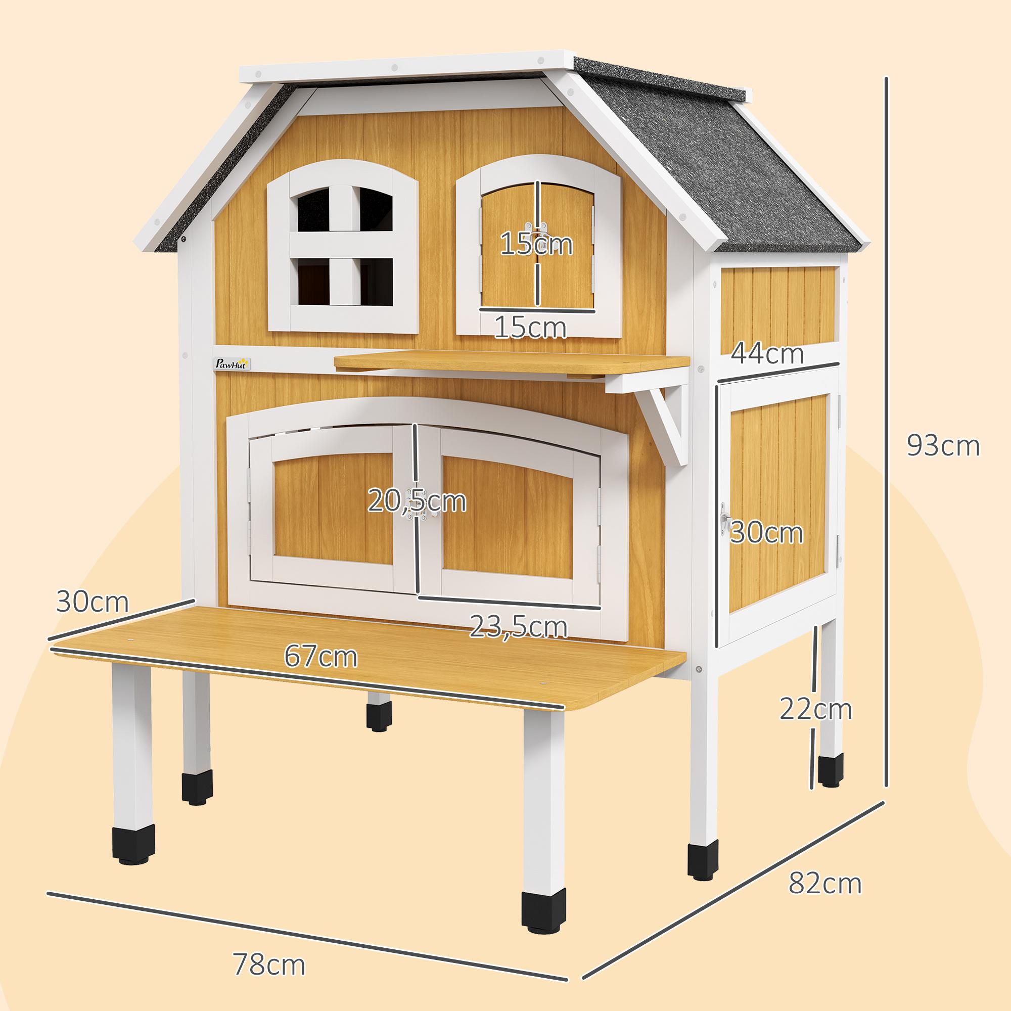 Casa para Gatos de Madera 78x82x93 cm Caseta para Gatos de 2 Niveles Refugio para Gatos con Techo Asfáltico Terraza y Plataforma de Salto Natural