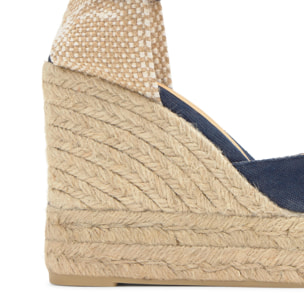 Alpargata de cuña 8 cm en lona de algodón con pala en v y cintas