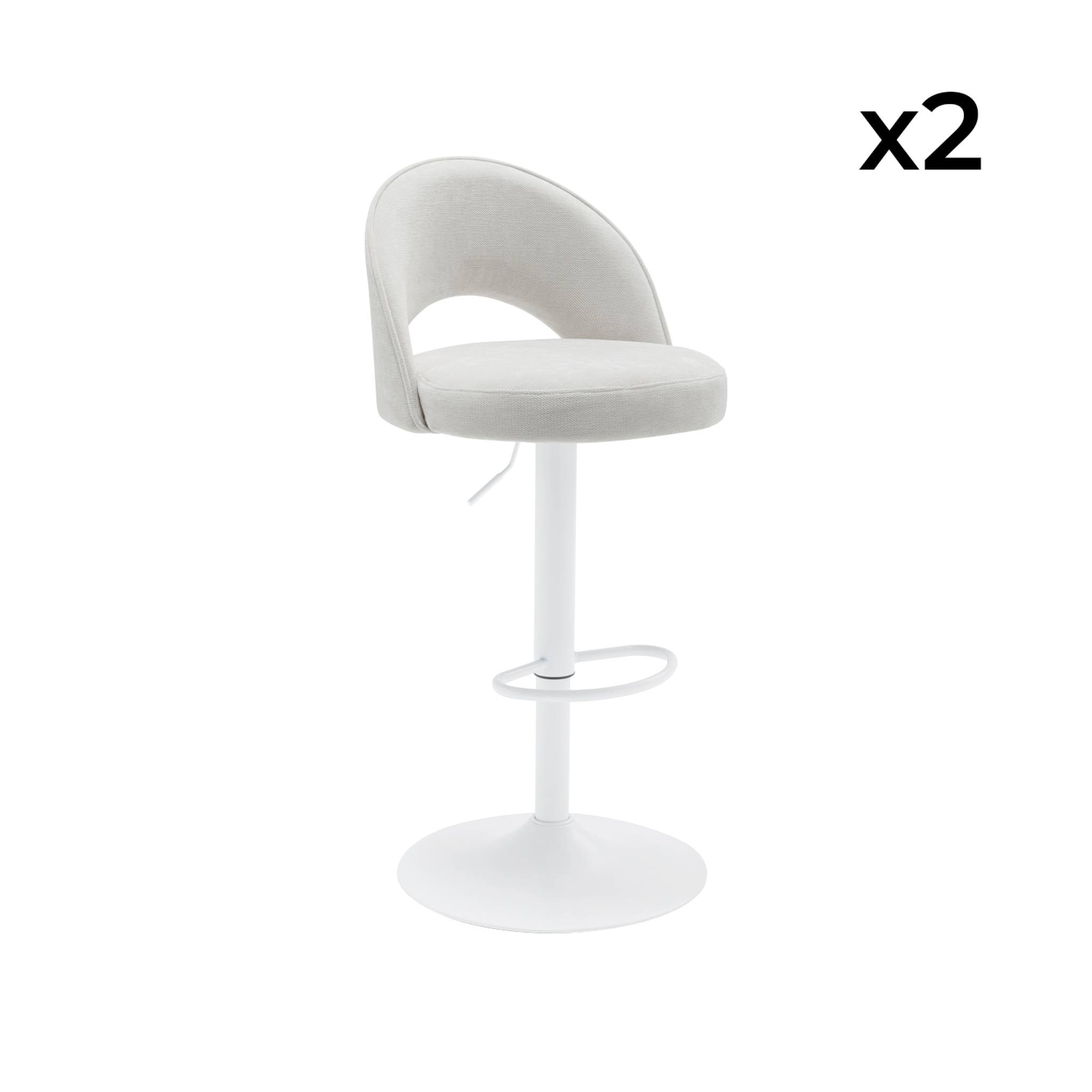 Lot de deux tabourets de bar ajustables métal et tissu blanc cassé. pied blanc - L 49 x P 49 x H 88.5-110cm - Abby