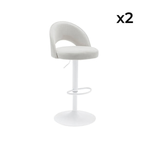 Lot de deux tabourets de bar ajustables métal et tissu blanc cassé. pied blanc - L 49 x P 49 x H 88.5-110cm - Abby