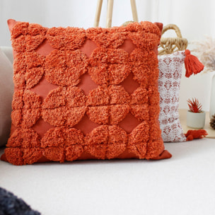 Coussin déhoussable aux broderies  - Effet laine - Brique